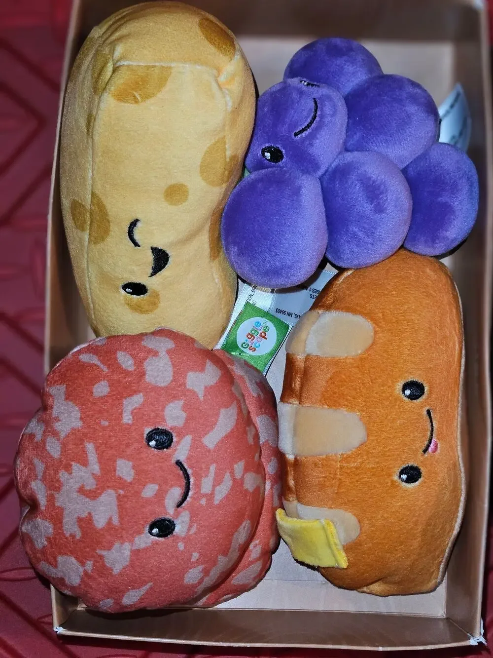 GiggleScape 4pc Plush Charcuterie Box Set Swiss Cheese, Salami, Grapes, & Bread